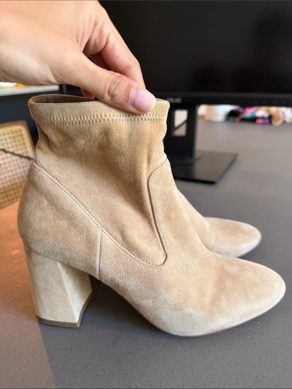 Club monaco- Beige Suede Block Heel Ankle Boots - Women